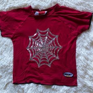 Red Omighty crop top with sparkle spider web in the front.